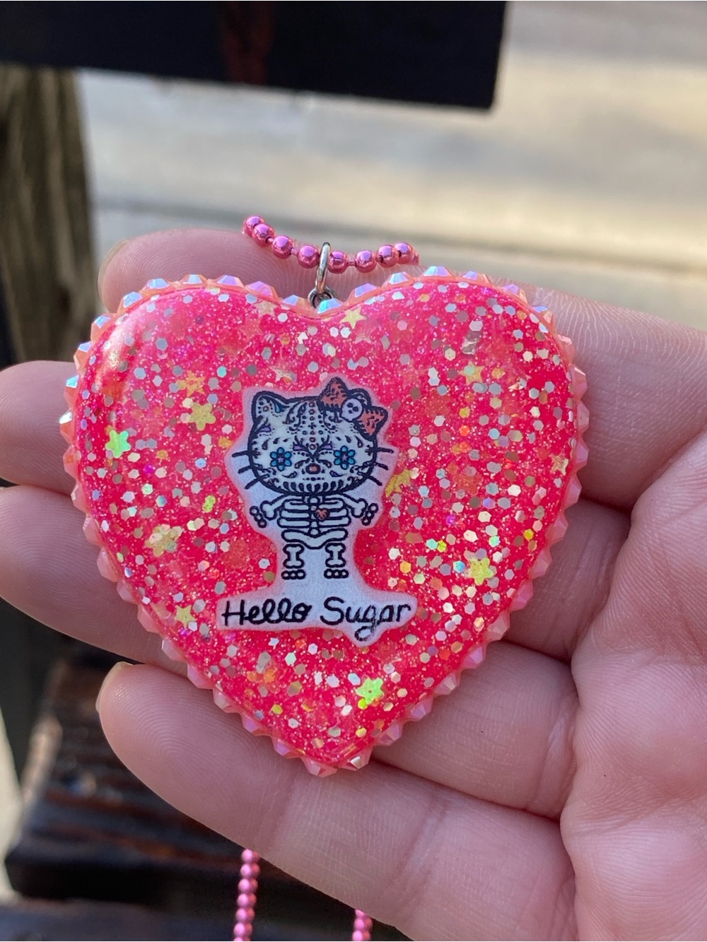 Hello kitty skeleton calavera Pink Heart Pendant Necklace with Beaded Chain